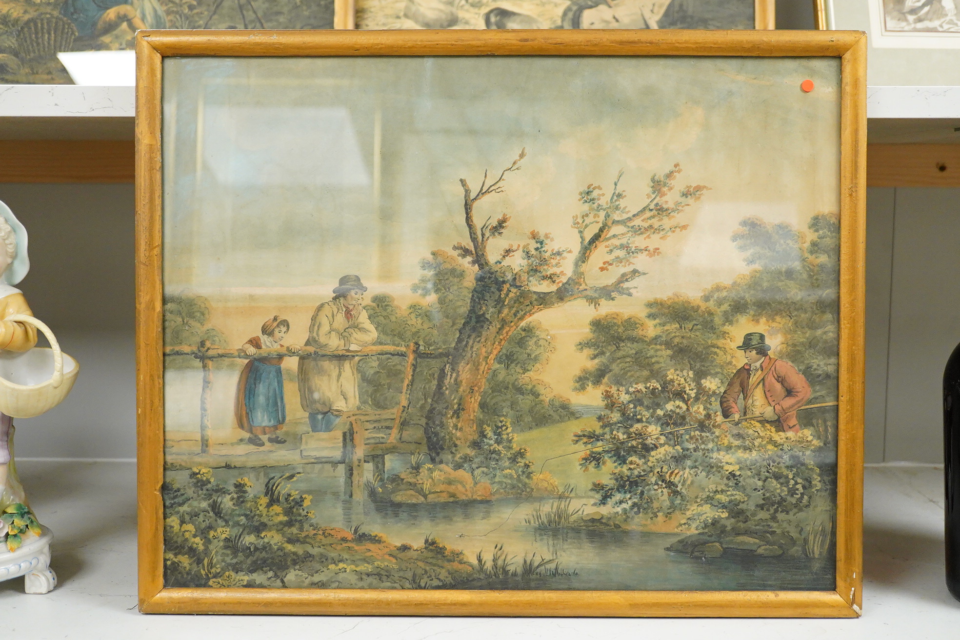 Early 19th century, English School, Angler fishing, Figure seated in woodland and Figures beside a pig sty, set of three watercolours, each 37 x 46cm